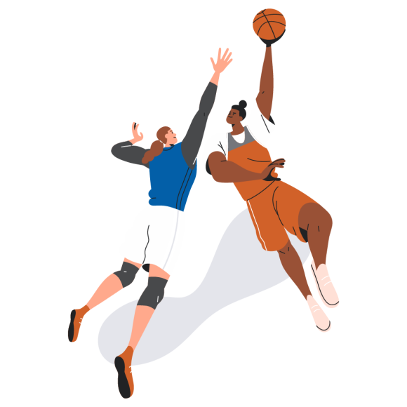 basketball player shooting over another player