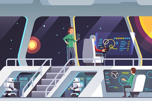 artistic representation of the bridge of a starship, with officers presenting information to the captain