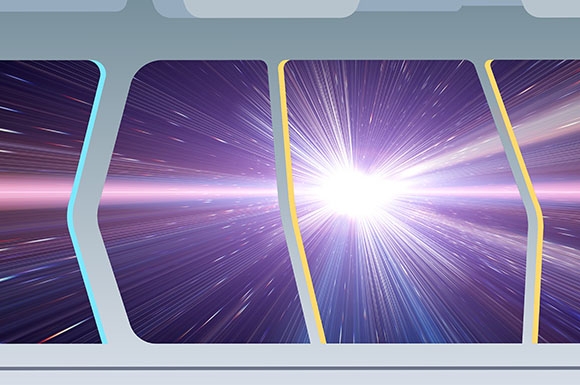 artistic representation of a warp speed effect as seen through a starship window